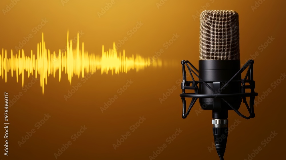 © atipong - Recording studio microphone with sound waves on golden gradient background. Podcasting broadcasting or music production banner for website with copy space © atipong - Recording studio microphone with sound waves on golden gradient background. Podcasting broadcasting or music production banner for website with copy space