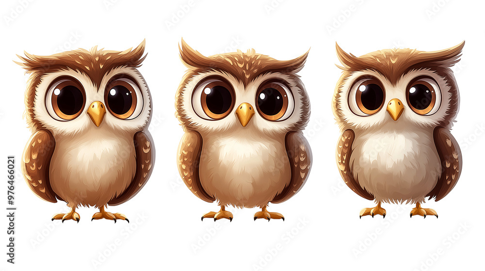 Cartoon Owl Character Set in Different Poses, Cute Forest Animal Illustration on White Background Cartoon Owl Character Set in Different Poses, Cute Forest Animal Illustration on White Background