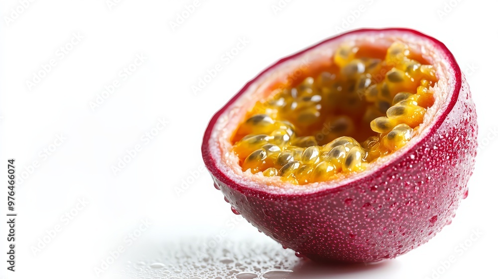 Close-up of a delicious passion fruit half, showcasing its vibrant pulp and seeds, with a white background accentuating the contrast. Close-up of a delicious passion fruit half, showcasing its vibrant pulp and seeds, with a white background accentuating the contrast.