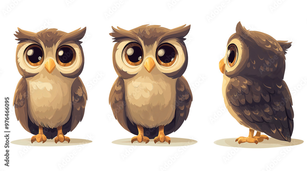 Cartoon Owl Character Set in Different Poses, Cute Forest Animal Illustration on White Background Cartoon Owl Character Set in Different Poses, Cute Forest Animal Illustration on White Background