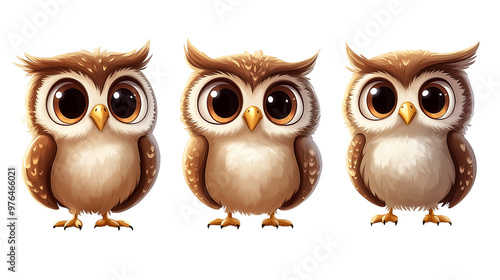 Cartoon Owl Character Set in Different Poses, Cute Forest Animal Illustration on White Background