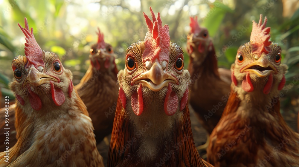 Fototapeta premium Close-up of a group of curious chickens with vibrant feathers, set against a blurred natural background in a farm setting.