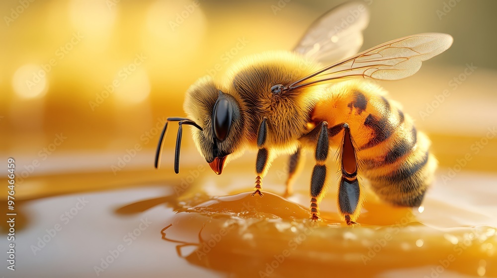 Close-up of a honeybee on honey, showcasing the intricate details of its features and the golden honey surface.