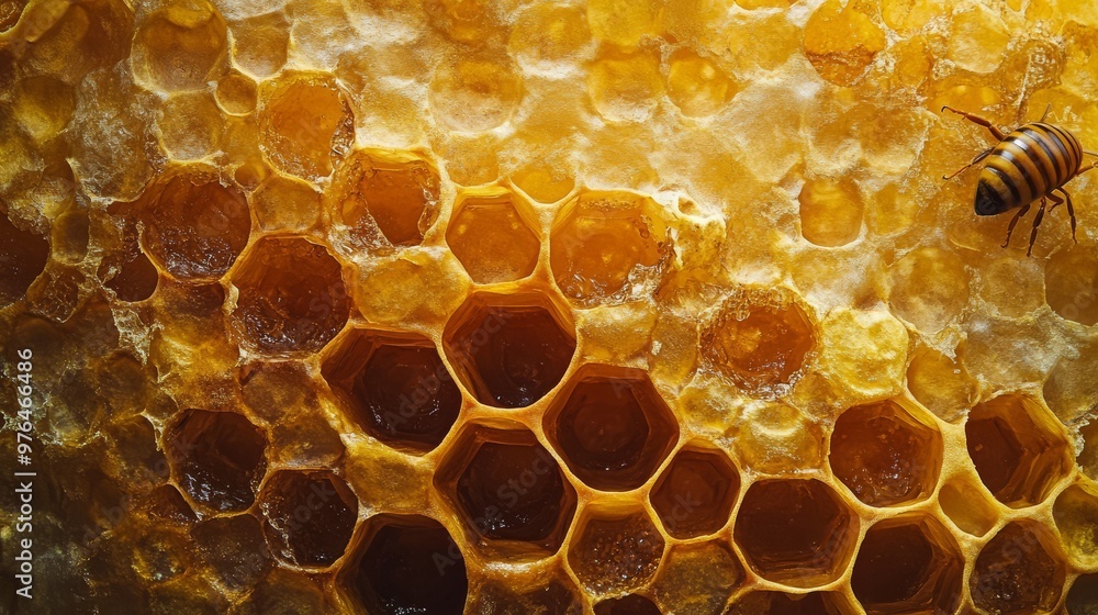 Close-up of a honeybee on a honeycomb, showcasing the intricate hexagonal patterns filled with golden honey and wax. Close-up of a honeybee on a honeycomb, showcasing the intricate hexagonal patterns filled with golden honey and wax.