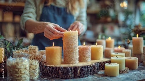 Woman Lighting Scented Candles on Wooden Slice