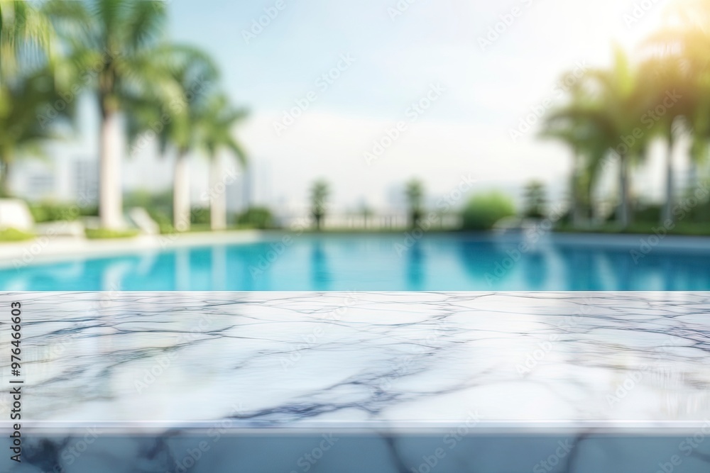 white marble top with blurred empty Swimming pool background can be used for mocking up or display product to make advertising , ai white marble top with blurred empty Swimming pool background can be used for mocking up or display product to make advertising , ai