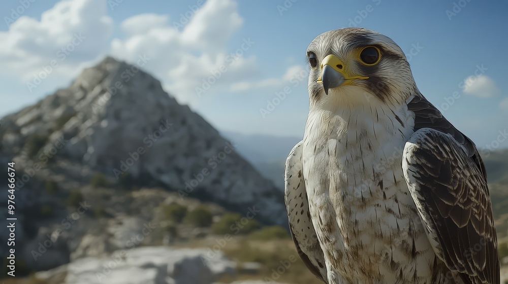 Fototapeta premium Close-up of a majestic falcon with a rocky mountain background on a clear day, showcasing the elegance and power of this magnificent bird of prey.