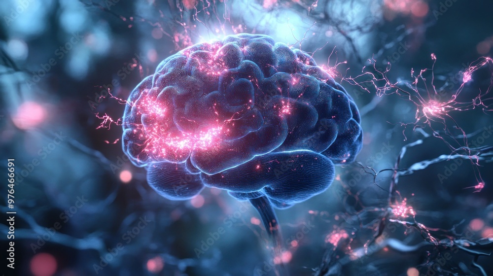 A 3D model of the human brain's neural network, showing the complex connections and brain regions. A 3D model of the human brain's neural network, showing the complex connections and brain regions.