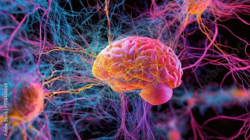 Fototapeta Naklejka Na Ścianę i Meble -  A 3D model of the human brain's neural network, showing the complex connections and brain regions.