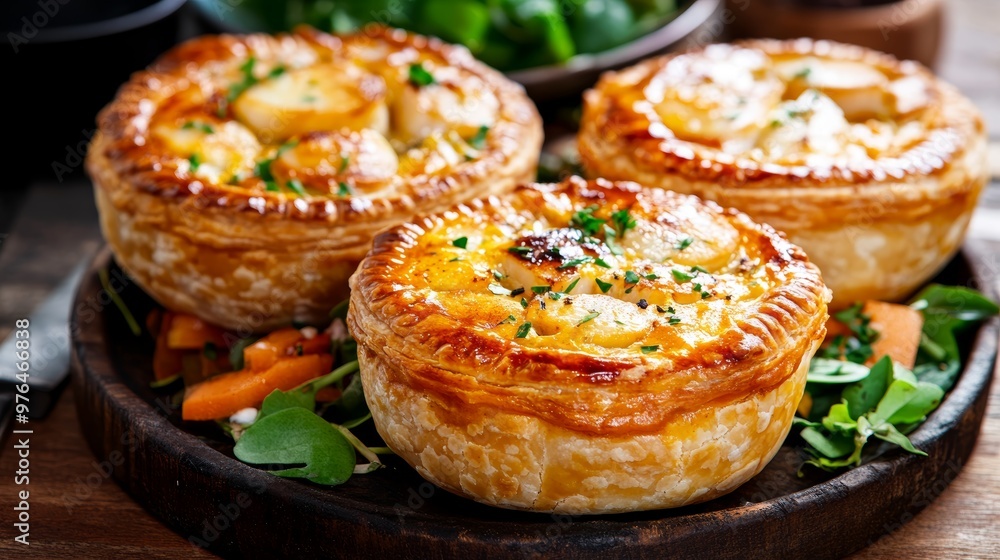 Selective focus view of the curry scallop pies with seasonal salad one of the most famous food in Tasmania. Baked from a traditional woodfired oven. Selective focus view of the curry scallop pies with seasonal salad one of the most famous food in Tasmania. Baked from a traditional woodfired oven.