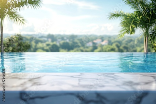 white marble top with blurred empty Swimming pool background can be used for mocking up or display product to make advertising , ai