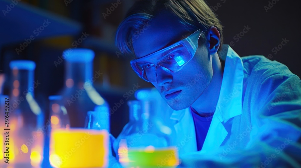A scientist observing a chemical reaction under UV light, with the solution glowing brightly