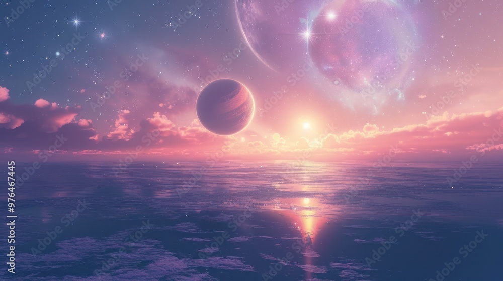 Cosmic Sunset Over an Alien Ocean Cosmic Sunset Over an Alien Ocean