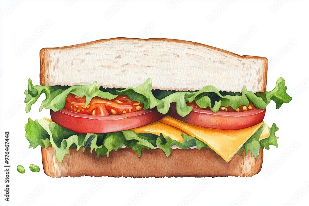 A watercolor sandwich with layers of ingredients, like lettuce, tomatoes, and cheese, placed on a white background A watercolor sandwich with layers of ingredients, like lettuce, tomatoes, and cheese, placed on a white background