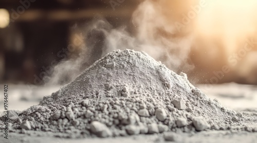 Close-up of a pile of cement powder in sunlight, depicting construction materials and industrial raw materials in a natural setting. photo