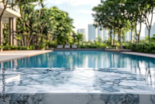 white marble top with blurred empty Swimming pool background can be used for mocking up or display product to make advertising , ai