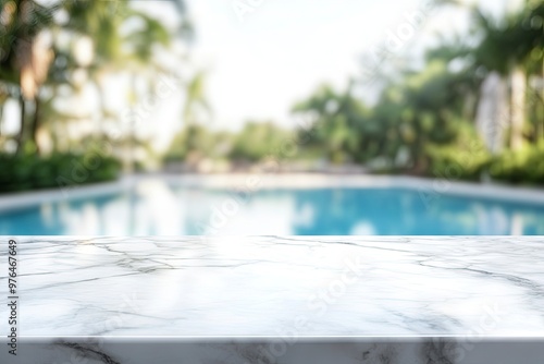 white marble top with blurred empty Swimming pool background can be used for mocking up or display product to make advertising , ai