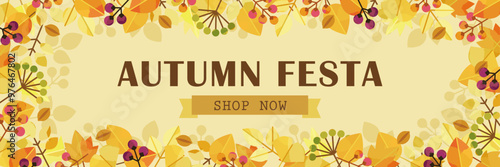 秋のオータムフェア フレーム バナー ( ベクター 落ち葉 木の実 紅葉 1:3 )