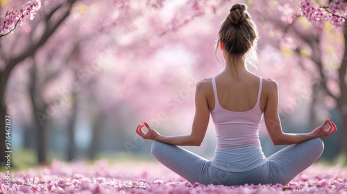 Wallpaper Mural Woman meditating in a field of cherry blossoms Torontodigital.ca