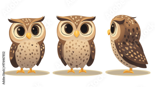Cartoon Owl Character Set in Different Poses, Cute Forest Animal Illustration on White Background