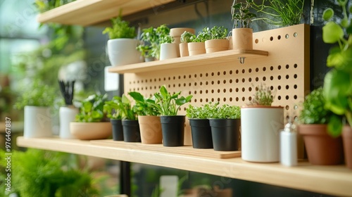 Creative and Lush Pegboard Mounted in a Garden or Greenhouse, Showcasing a Variety of Small Potted Plants and Hanging Planters. The Arrangement is Set Against a Green, Natural Backdrop, Blending Pract