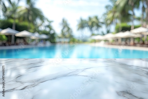 white marble top with blurred empty Swimming pool background can be used for mocking up or display product to make advertising , ai