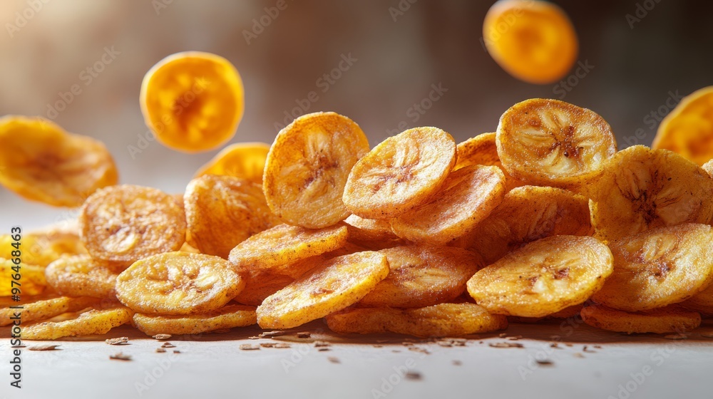 Close-up of crispy banana chips falling and piling up on a surface, with a warm, detailed background. Perfect for a snack-themed stock photo.