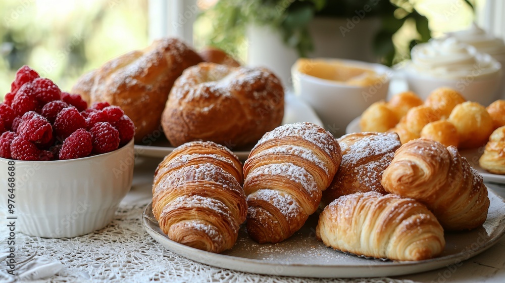 Freshly Baked Croissants and Raspberries on a Plate Freshly Baked Croissants and Raspberries on a Plate