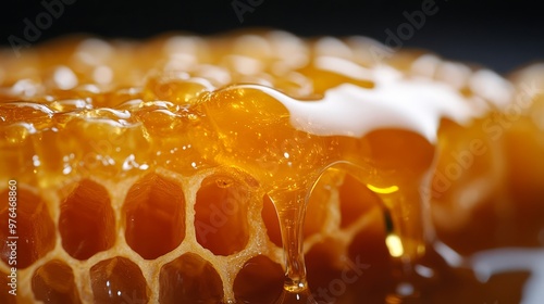 Close-up of golden honeycomb dripping with fresh, natural honey, showcasing the intricate hexagonal structure and rich, sweet nectar. photo