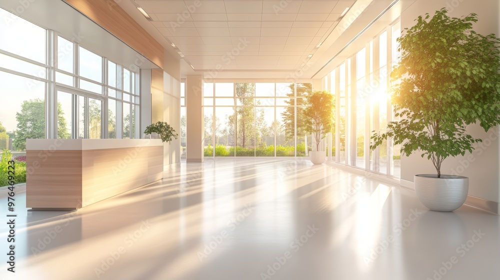 Empty Hospital Reception Hall During the Day. Modern Clinic with Advanced Equipment Best Medical Health Treatment Center With Bright Sunny Window View Empty Hospital Reception Hall During the Day. Modern Clinic with Advanced Equipment Best Medical Health Treatment Center With Bright Sunny Window View