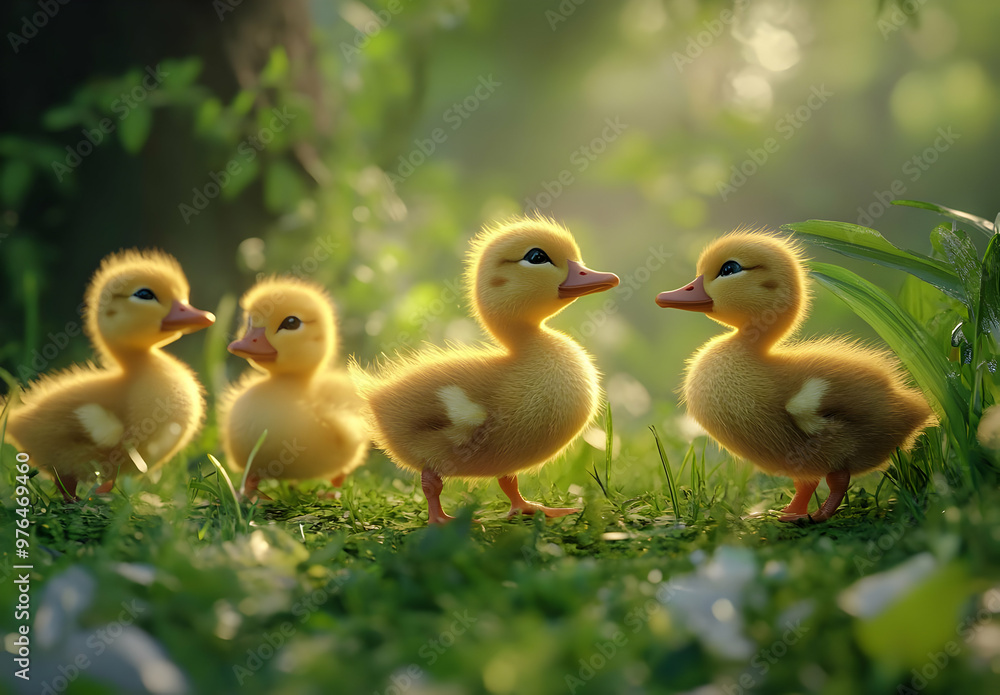 A charming group of fluffy ducklings exploring a lush green meadow, surrounded by soft sunlight and vibrant nature. A charming group of fluffy ducklings exploring a lush green meadow, surrounded by soft sunlight and vibrant nature.