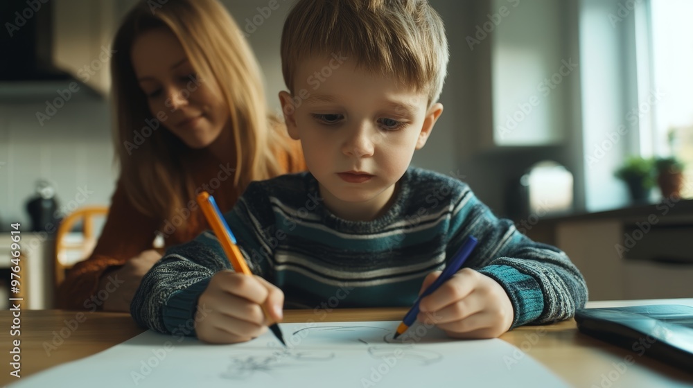 Little boy and his mother drawing with felt-tip pens on table in kitchen closeup Little boy and his mother drawing with felt-tip pens on table in kitchen closeup