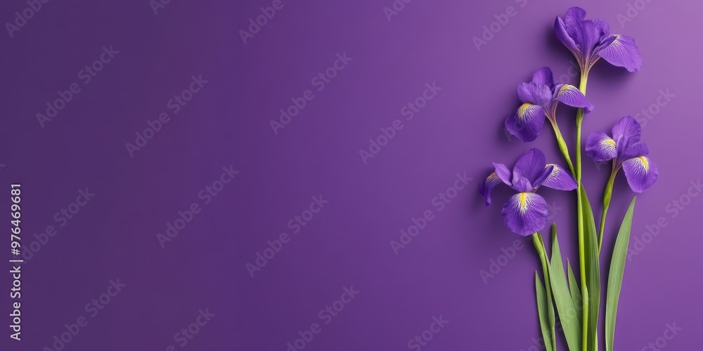 Purple irises on a plain purple background display the delicate and detailed structure of the flowers contrasted against a solid, vibrant purple backdrop, symbolizing elegance and simplicity. Purple irises on a plain purple background display the delicate and detailed structure of the flowers contrasted against a solid, vibrant purple backdrop, symbolizing elegance and simplicity.