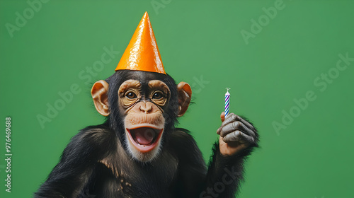 A cheerful monkey celebrates a party, wearing a festive hat and holding a party horn, showcasing joy and playfulness.