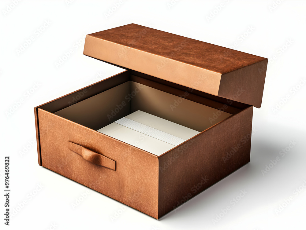 A chic brown storage box with an open lid, perfect for organizing items and enhancing interior decor. A chic brown storage box with an open lid, perfect for organizing items and enhancing interior decor.