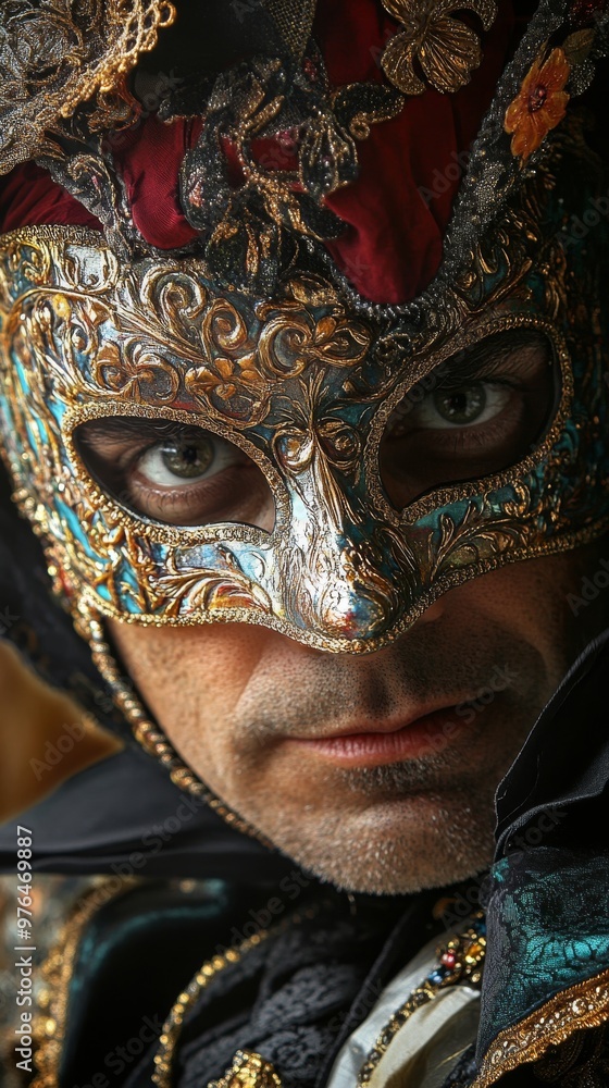 Macro close-up of an Italian man wearing a hand-painted carnival mask. A man wearing a Venetian mask that conveys mystery and intricate detail. Macro close-up of an Italian man wearing a hand-painted carnival mask. A man wearing a Venetian mask that conveys mystery and intricate detail.