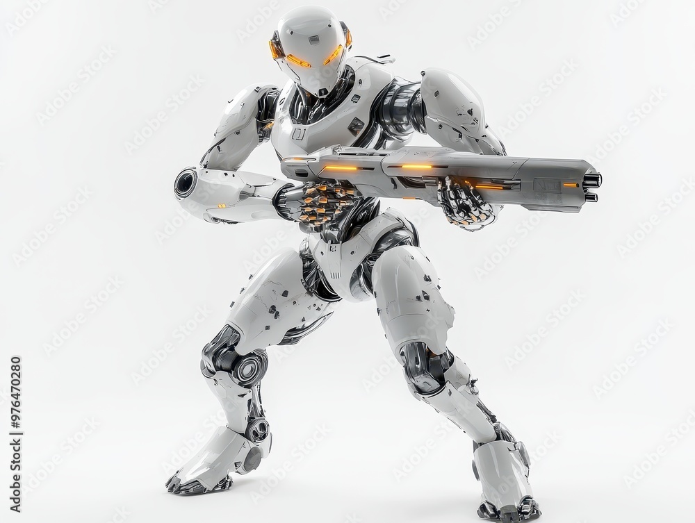 Cyborg with a gun on white background 3D rendering Cyborg with a gun on white background 3D rendering