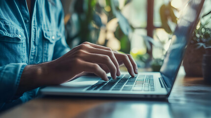 Papier peint photo  A close-up view of hands typing on a laptop keyboard in a cozy workspace surrounded by plants and natural light.  © wannee