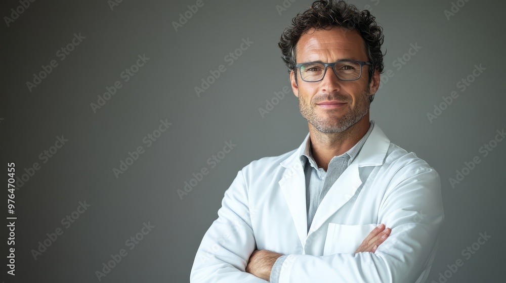 Confident male doctor with glasses in a white lab coat standing with his arms crossed against a plain background, looking professional and approachable. Confident male doctor with glasses in a white lab coat standing with his arms crossed against a plain background, looking professional and approachable.