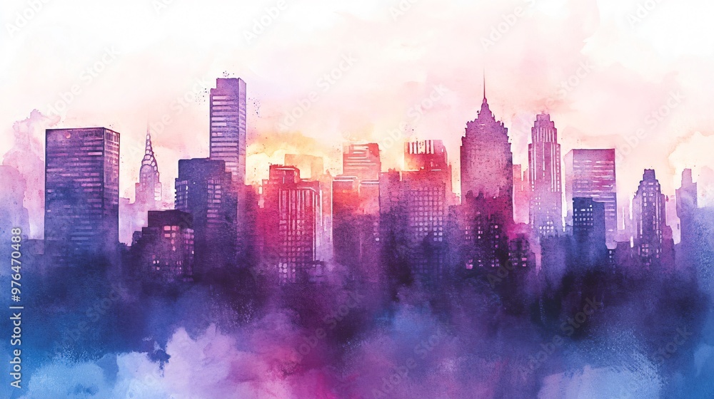 Fototapeta premium Watercolor painting of a cityscape with skyscrapers in purple, pink and blue tones.