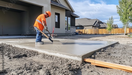 Construction worker smoothing fresh concrete in front of residential home on a sunny day.