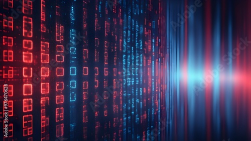 Abstract digital background with red and blue glowing binary code.
