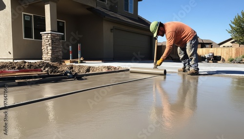 Construction worker smooths wet concrete in front of a house. Fresh concrete slab installation for a new home. Outdoor construction site.