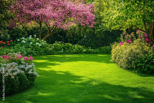 Beautiful spring garden. The green lawn emphasizes the blooming flowers in the garden. A diverse spectrum of colorful flowers, panoramic views of natural beauty , ai