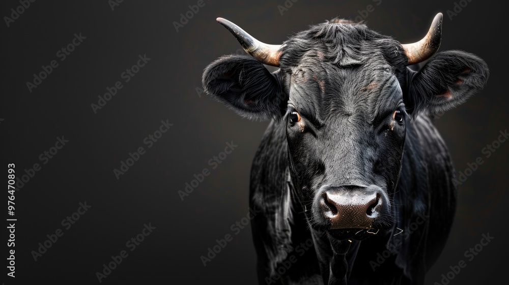 Black bull with horns facing forward, dark background