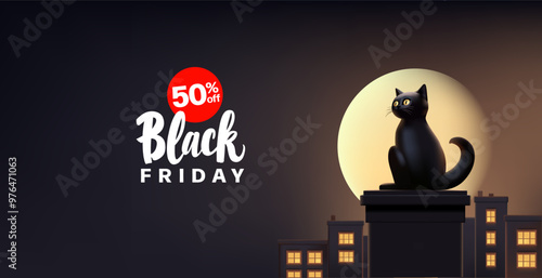 Black Friday. A 3D black cat sits on the chimney of the house against the background of the night city and moonlight. Banner for advertising discounts, sales, and offer concepts. Vector