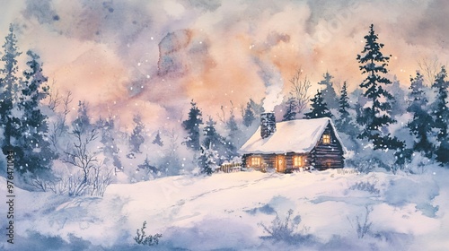 Wallpaper Mural Watercolor painting of a cozy cabin in a snowy forest with a warm glow in the windows. Torontodigital.ca