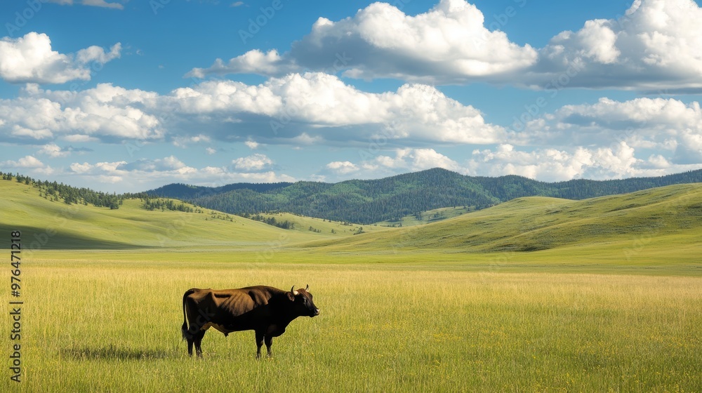 A cow roaming around a beautiful field at a bison range in Montana. A cow roaming around a beautiful field at a bison range in Montana.