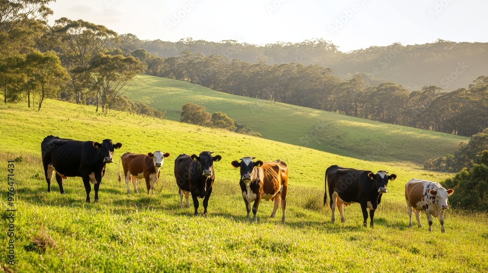 Herd of sustainable cows on a green hill on a farm in Australia. Beautiful cow in a field. Australian Farming landscape with Angus and Murray grey cattle Herd of sustainable cows on a green hill on a farm in Australia. Beautiful cow in a field. Australian Farming landscape with Angus and Murray grey cattle