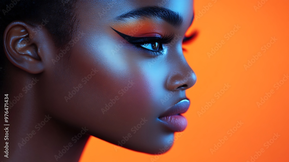 Close-up profile of a woman with dramatic eye makeup, glowing skin, and a striking expression against a vibrant orange background. Close-up profile of a woman with dramatic eye makeup, glowing skin, and a striking expression against a vibrant orange background.